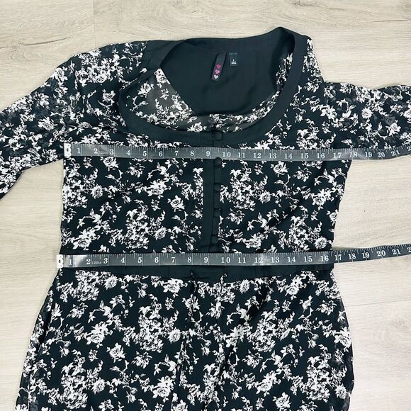 Bongo Black 3/4 Sleeve Mini A-line Dress Size M Floral Adjustable Waist Lined - Picture 10 of 11